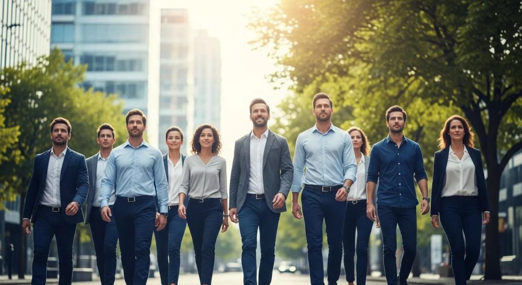Group of professionals walking confidently in business attire, showcasing teamwork and confidence in an urban setting, relevant to body sculpting and rejuvenation services in Vero Beach.