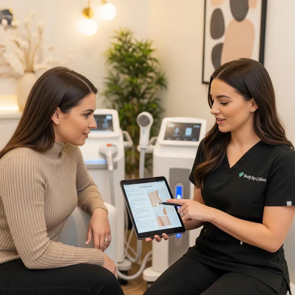 Client consultation for personalized body sculpting treatment plan in a modern clinic, featuring a practitioner discussing options with a client using a tablet, surrounded by body sculpting equipment.