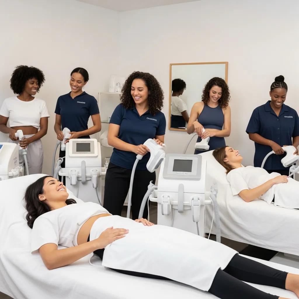 Diverse individuals receiving non-invasive body sculpting treatments in a modern clinic, showcasing a positive and welcoming atmosphere with professional staff assisting clients.