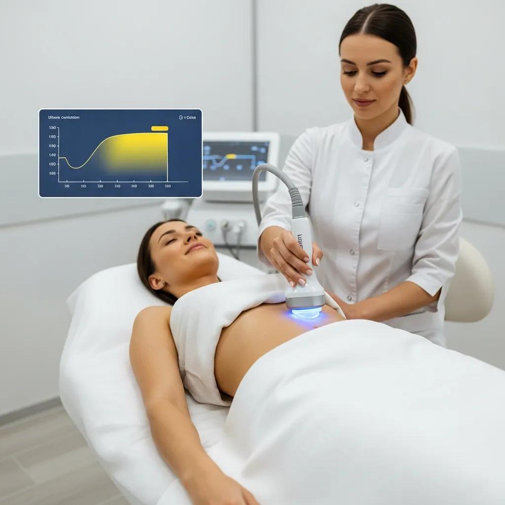 Woman receiving ultrasonic cavitation treatment for fat reduction in a professional clinic setting, with a display screen showing treatment parameters.