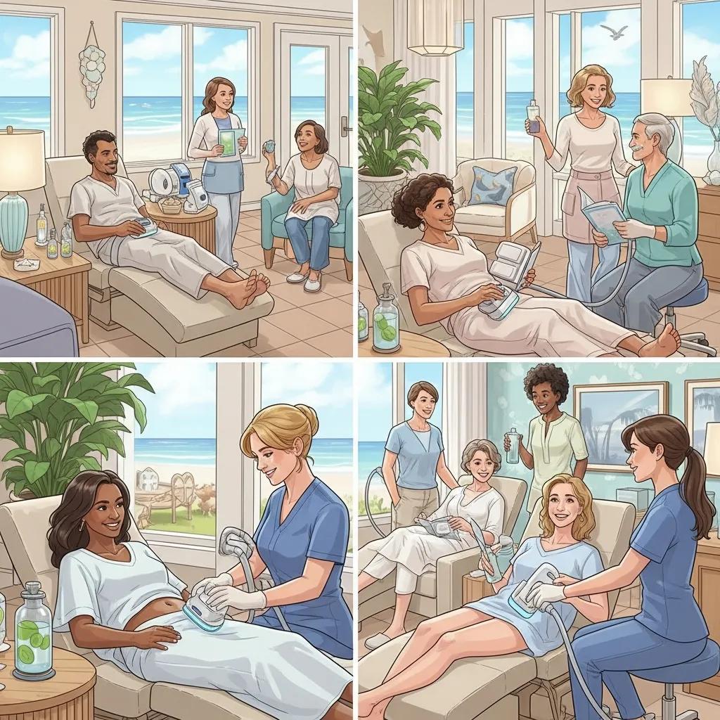 Diverse clients receiving non-invasive body sculpting treatments in a modern clinic setting with ocean views, featuring advanced devices and personalized care.