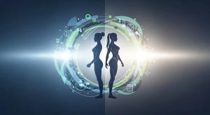 Silhouettes of women before and after body sculpting, surrounded by abstract digital elements, representing non-surgical fat reduction and body transformation at Superior Sculpting in Vero Beach.
