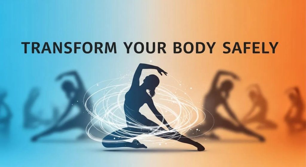Transform your body safely graphic featuring a silhouetted dancer with swirling lines, emphasizing non-invasive body sculpting techniques.