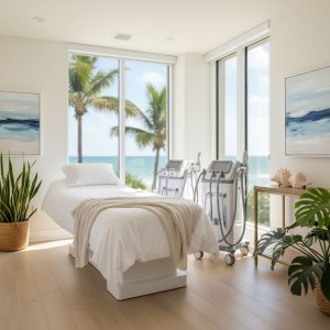 Spa treatment room with a massage bed, non-invasive body sculpting equipment, large windows overlooking palm trees and the ocean, and a serene coastal decor.