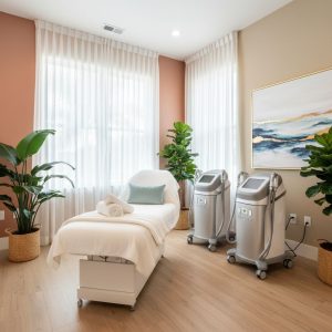 Spa treatment room featuring a massage table, two body sculpting machines, and potted plants, emphasizing non-surgical fat reduction options at Superior Sculpting in Vero Beach.