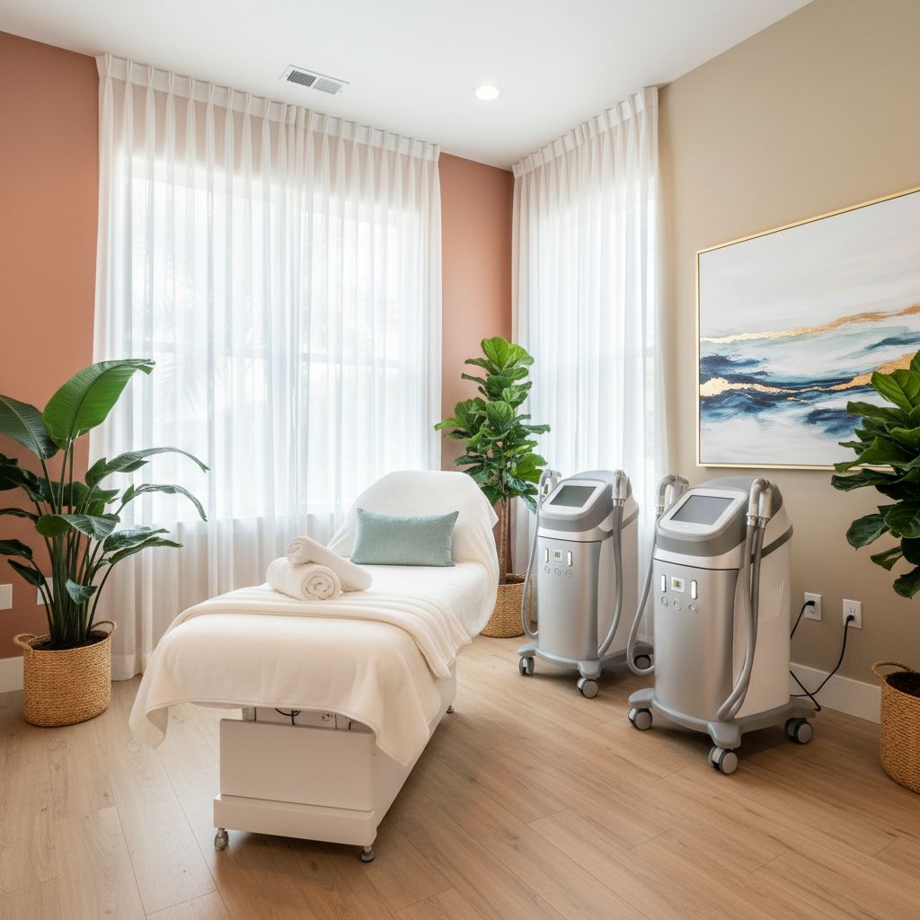 Non-invasive body sculpting treatment room at Superior Sculpting in Vero Beach, featuring a treatment bed, two sculpting machines, and decorative plants.