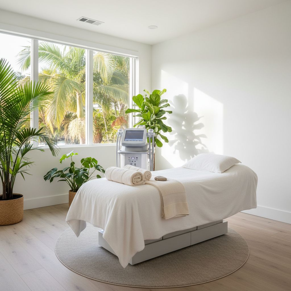 Spa treatment room with a massage table, towels, and a body sculpting machine, surrounded by indoor plants and natural light, reflecting a serene environment for non-invasive body sculpting services in Vero Beach.