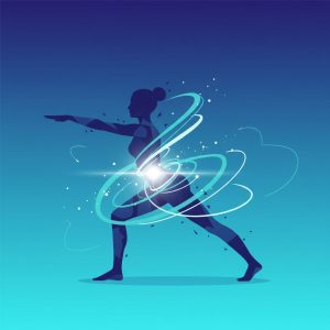 Silhouette of a woman in a yoga pose surrounded by glowing lines and sparkles, symbolizing non-invasive body sculpting and wellness.
