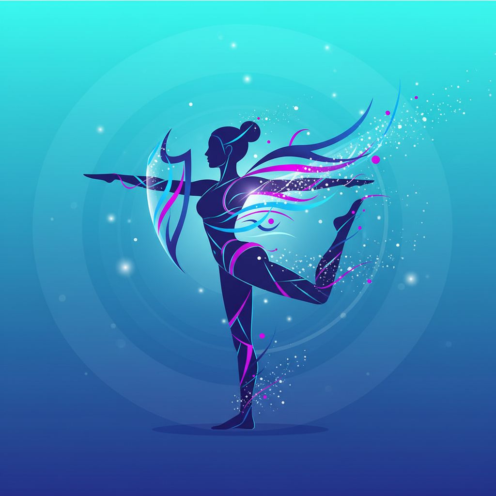 Stylized silhouette of a dancer in a dynamic pose, symbolizing body transformation and wellness, with colorful flowing elements representing energy and movement.
