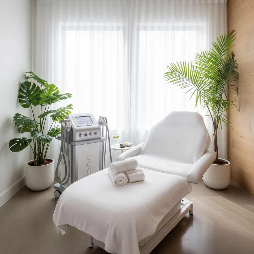 Non-invasive body sculpting treatment room at Superior Sculpting in Vero Beach, featuring a treatment chair, medical device, and potted plants for a calming atmosphere.